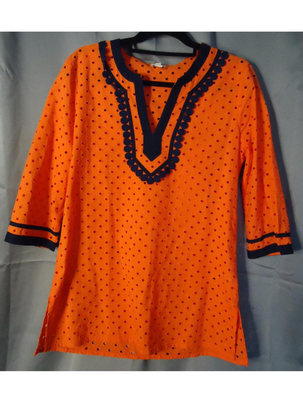 J. Crew Eyelet Split Neck Tunic Top Size Medium Orange Navy Beachy Summer